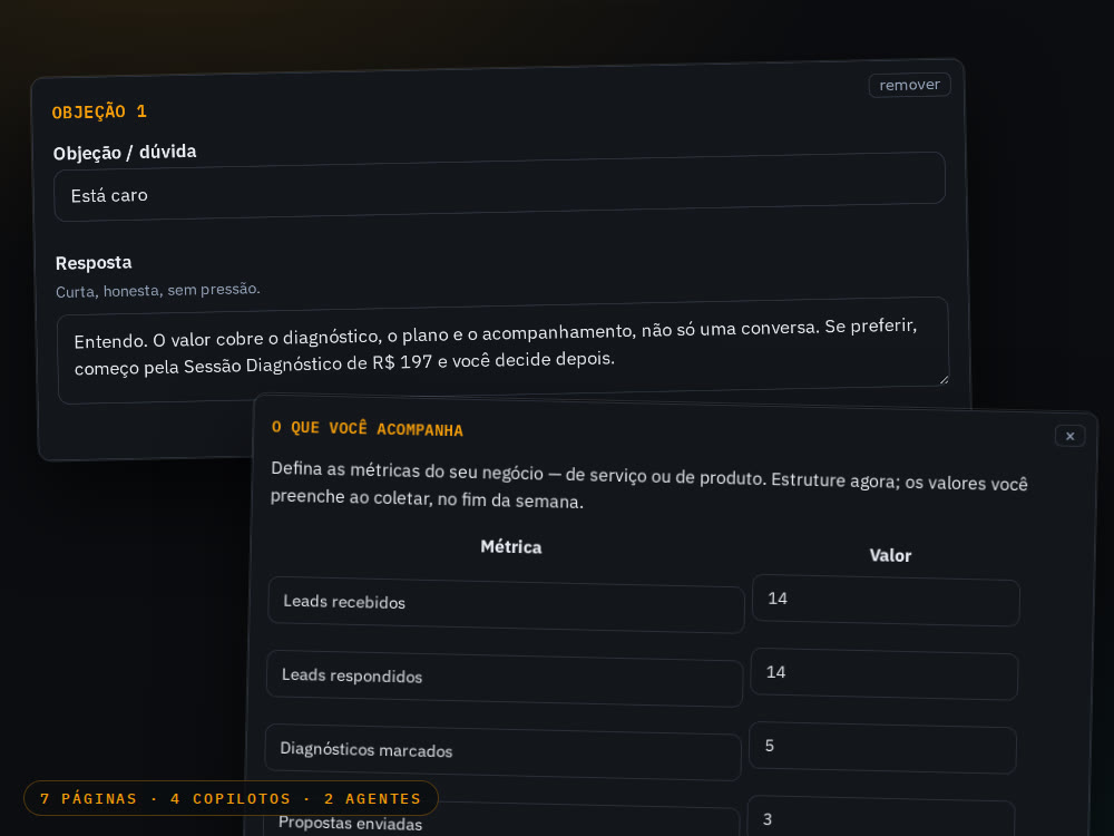 Templates preenchidos: a página de objeções com a resposta pronta e a de métricas da semana