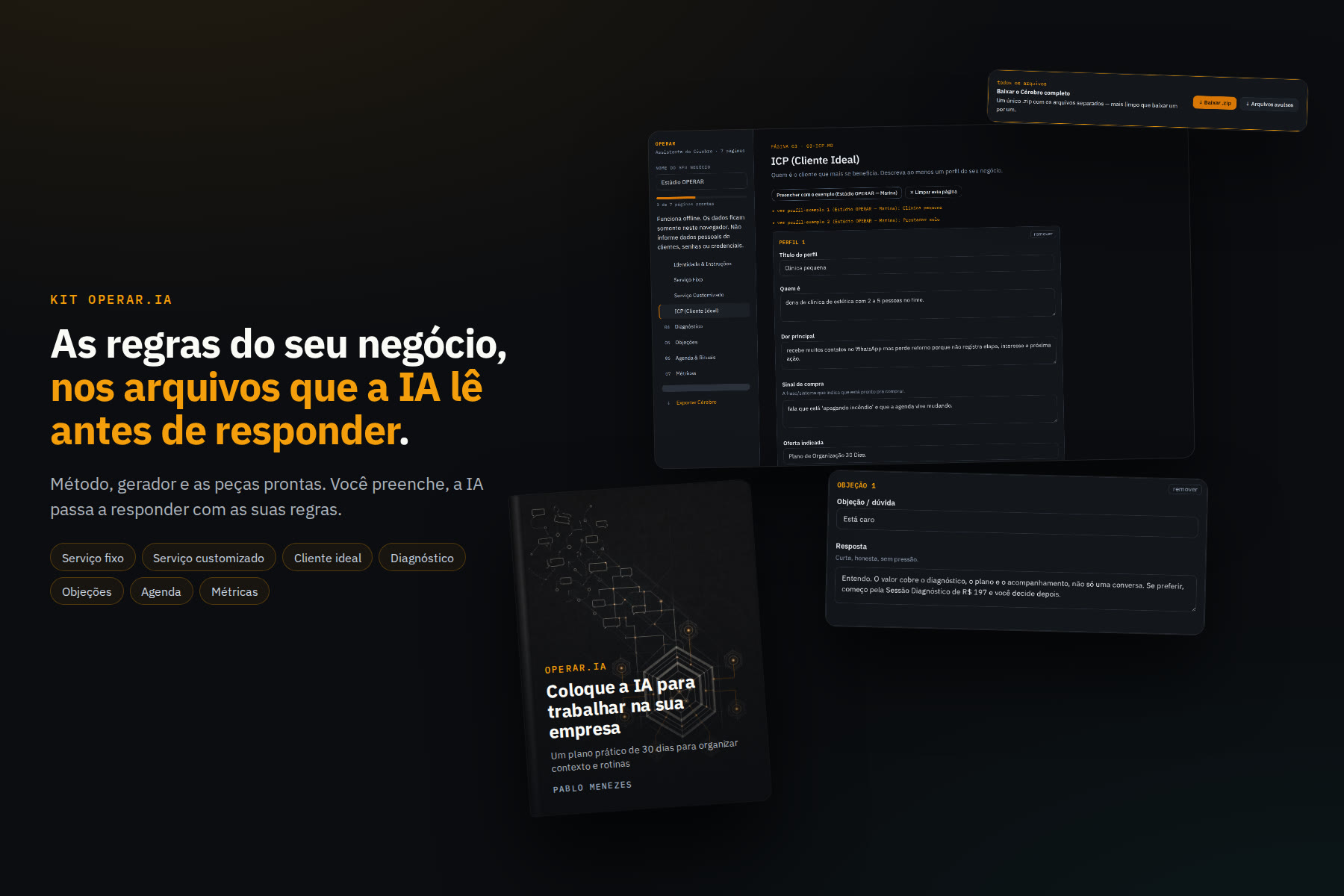 Kit OPERAR.IA: o e-book do método na frente das telas reais do Gerador, com a página de Cliente Ideal preenchida, um cartão de objeção e a tela de exportar o Cérebro